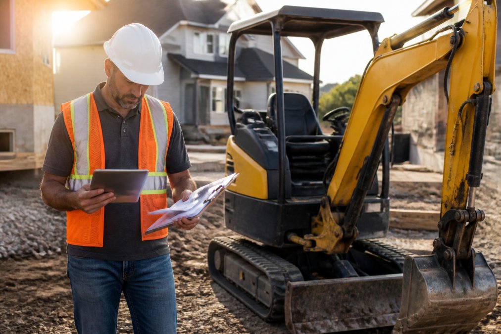 A contractor in a hard hat and safety vest reviewing paperwork beside a mini excavator on a residential job site, tablet and clipboard in hand, morning light
