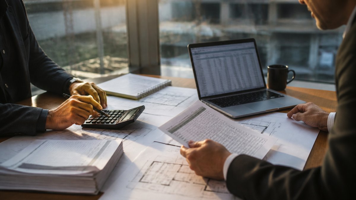 A commercial real estate lender and developer reviewing construction blueprints and financial documents at a conference table, with a calculator and laptop showing spreadsheets
