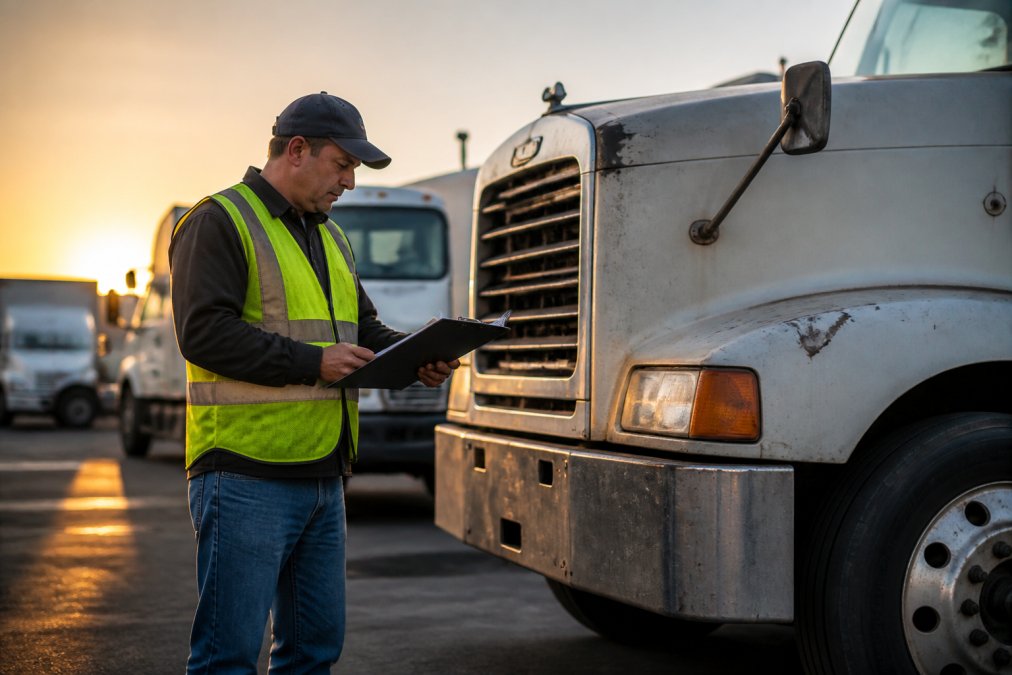 Fleet manager inspecting a well-worn semi-truck among high mileage commercial trucks at a busy yard during sunset