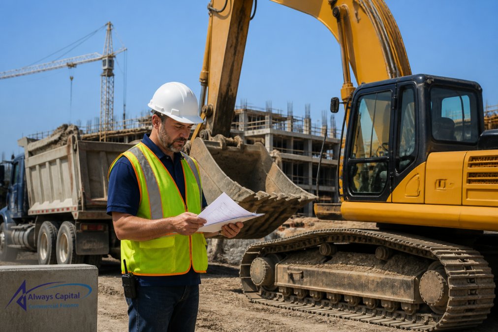 Construction foreman reviewing paperwork near heavy machinery during financing heavy machinery for business