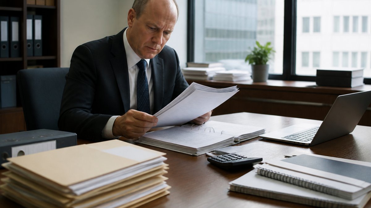 Professional in business attire reviewing acquisition documents and financial statements at a desk with multiple folders, calculator, and laptop, natural office lighting