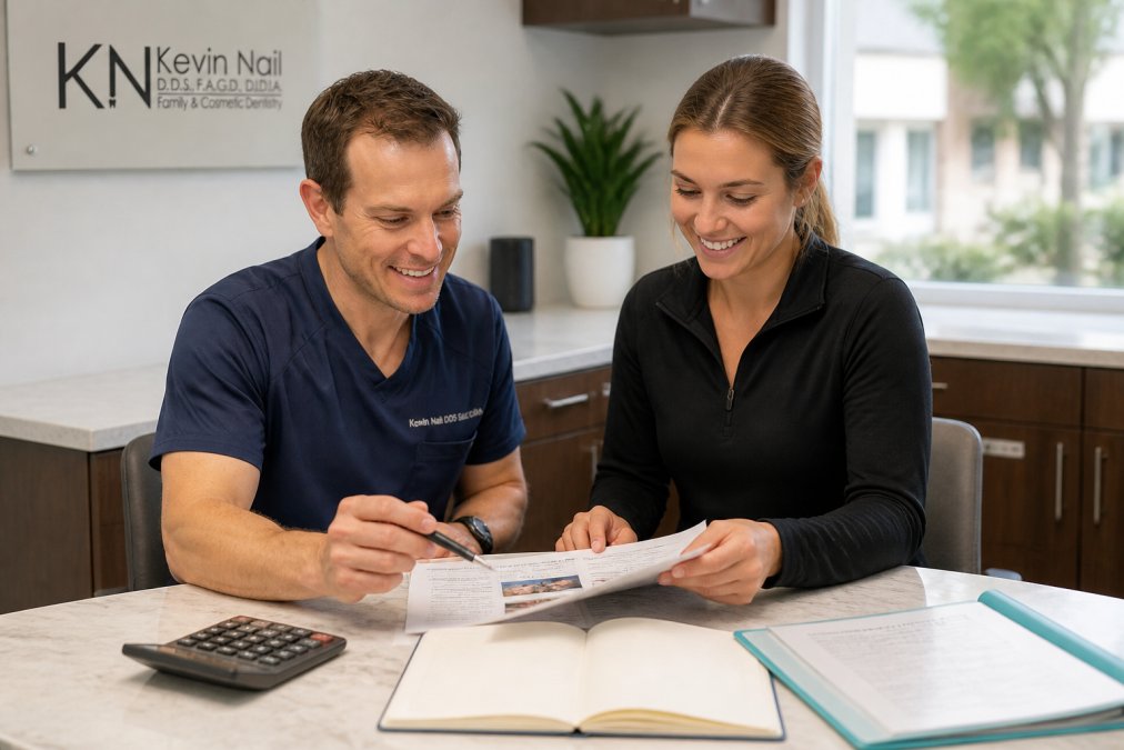 A dental patient and a financial coordinator reviewing a printed treatment plan at a desk in a bright dental office, with a calculator and pen nearby