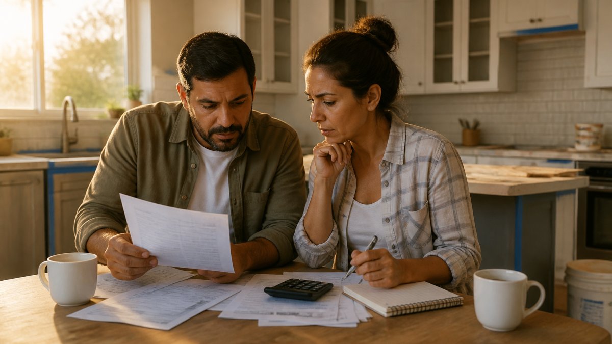 A homeowner couple reviewing loan documents and a calculator at a kitchen table with a notebook and coffee nearby