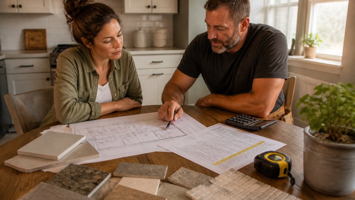 A homeowner and contractor reviewing renovation blueprints and a budget spreadsheet spread across a kitchen table, with tile samples, a tape measure, and a calculator nearby in warm afternoon light