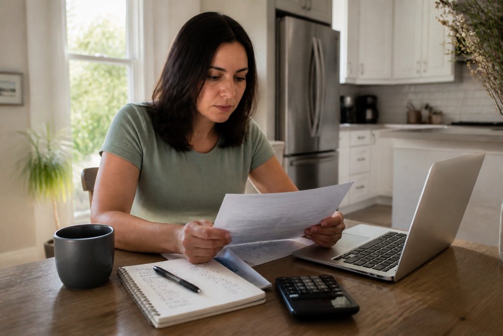 A homeowner sitting at a kitchen table reviewing loan documents and a laptop, with a notepad showing handwritten budget figures, warm afternoon light coming through a suburban window