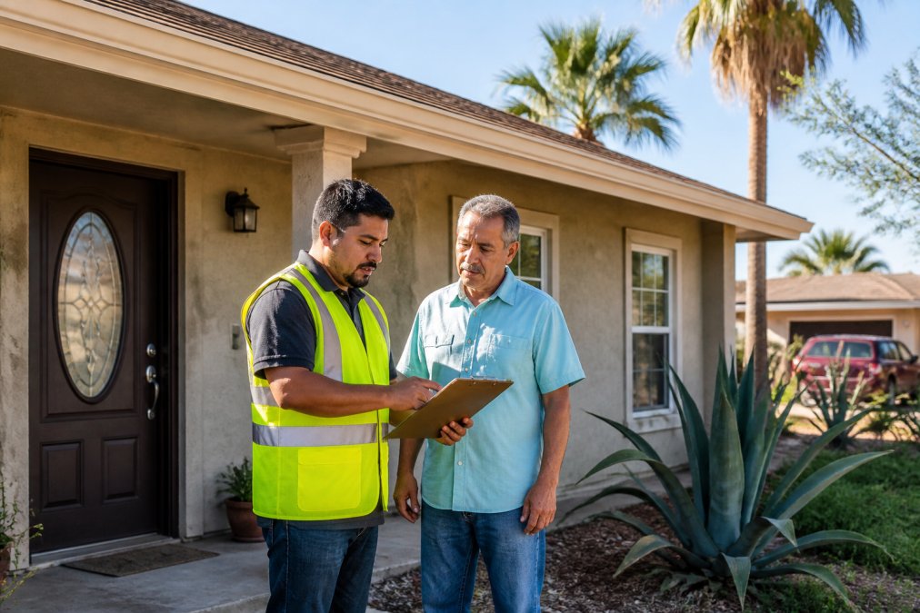 A contractor in a yellow safety vest reviewing renovation plans on a clipboard with a homeowner on the front porch of a single-story residential property in a sunny Texas neighborhood, palm trees visible in the background