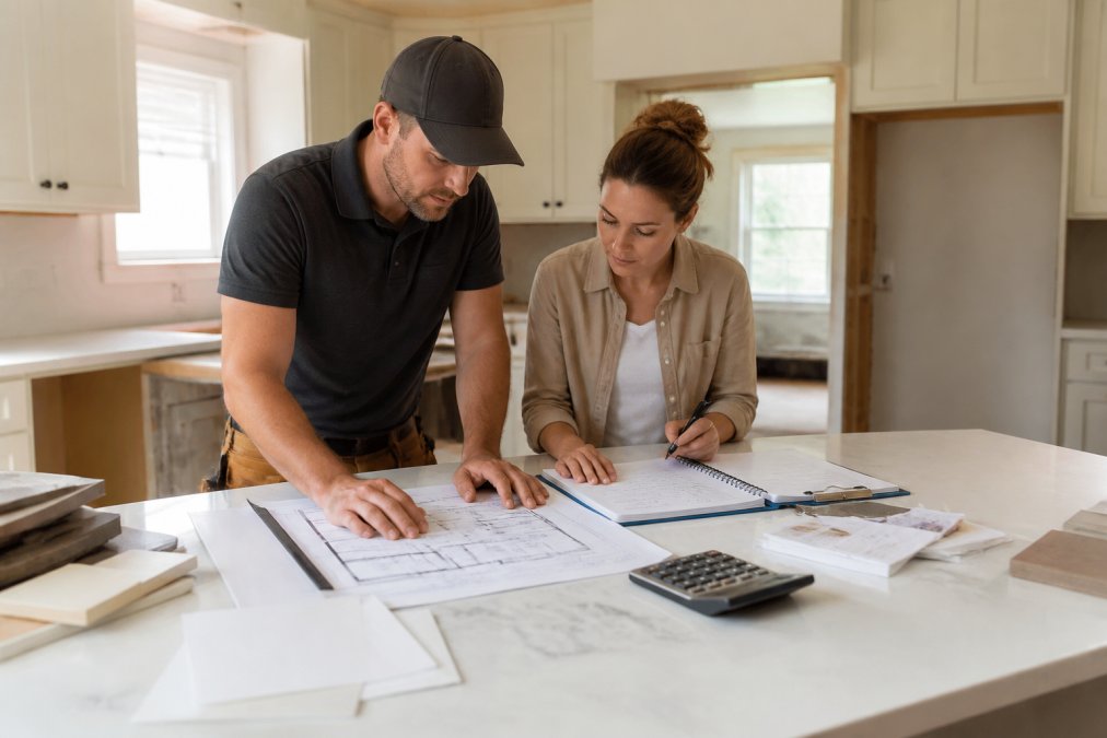 A homeowner and a contractor reviewing blueprints and a budget spreadsheet on a kitchen island in a bright, partially renovated kitchen