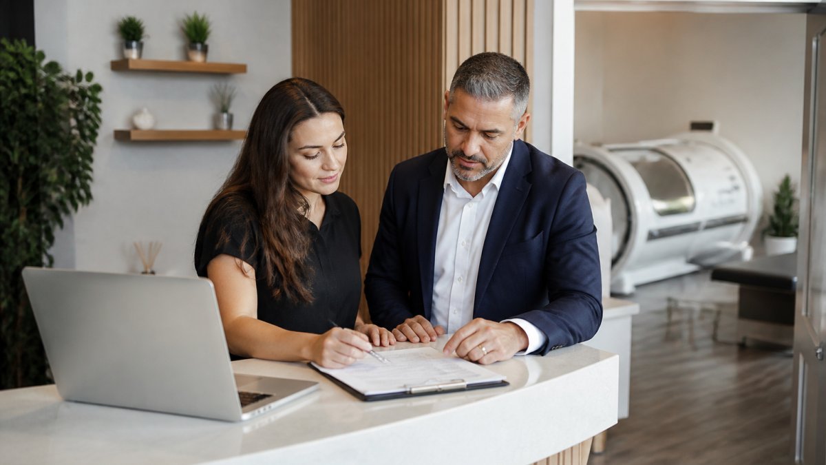 A wellness clinic owner and a financial advisor reviewing financing paperwork and a laptop at a modern reception desk, with a hyperbaric chamber visible in the treatment room behind them