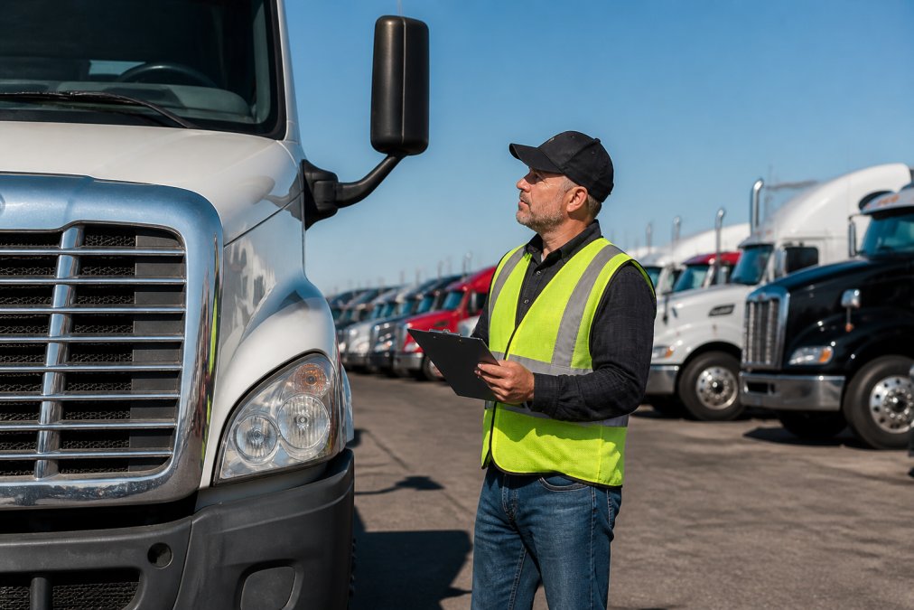 A fleet manager in a safety vest inspecting a used commercial truck at an outdoor auction lot, with several other trucks lined up in the background under clear daylight