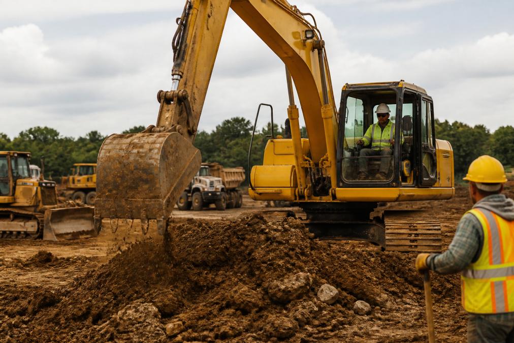 Professional construction crew operating a yellow excavator on an active job site with heavy equipment in the background