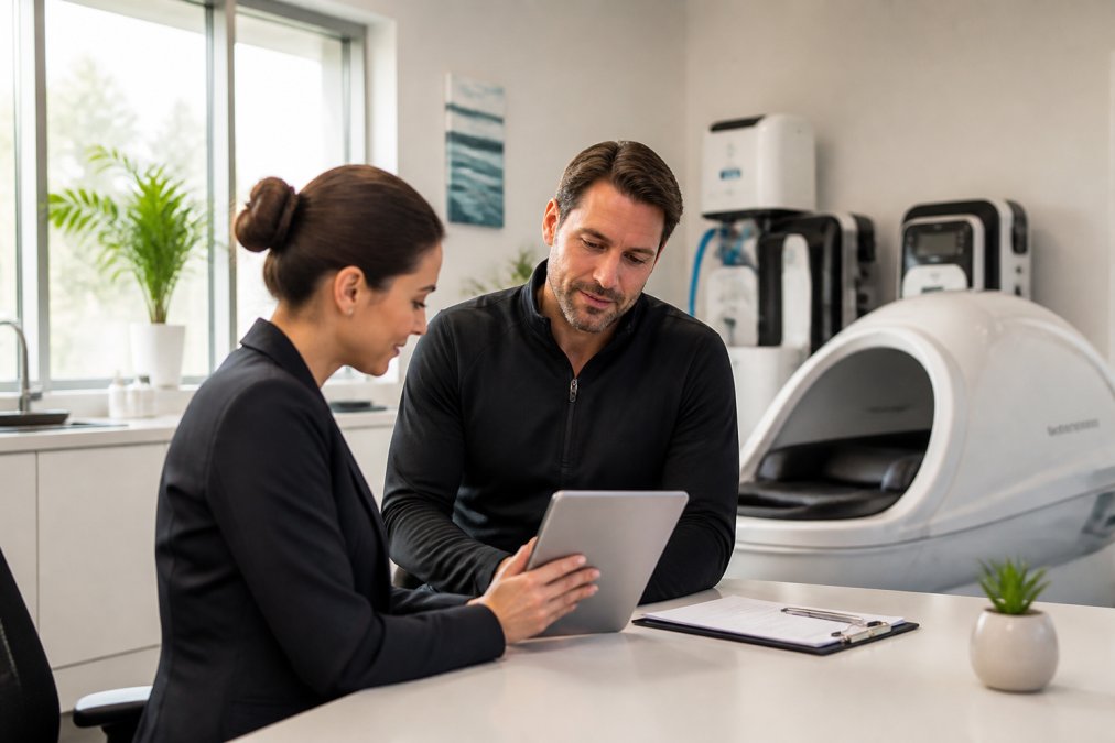 A wellness clinic owner and a financial advisor reviewing a tablet with financing options in a bright, modern office with recovery equipment visible in the background