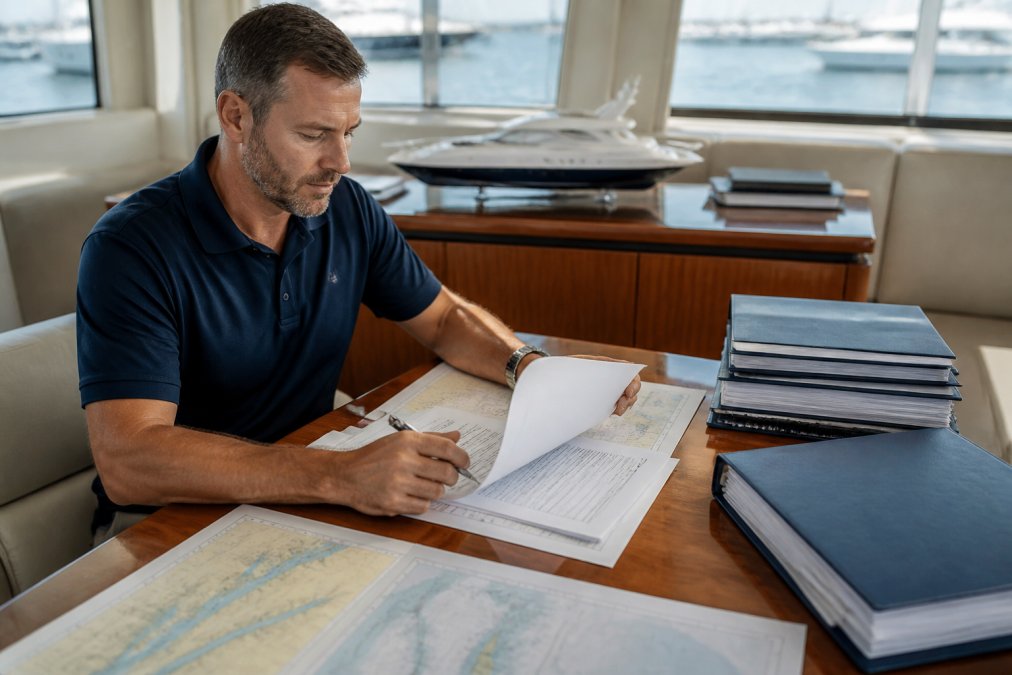 Marine professional reviewing vessel registration paperwork, sales tax documentation, and insurance requirements at a modern office desk with nautical charts and regulatory guides visible