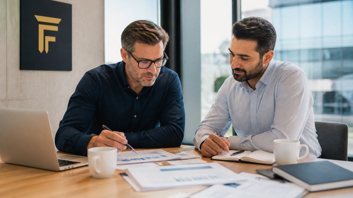 A confident business owner and a financial advisor reviewing growth charts and documents in a modern office, with a laptop and coffee cups on the table, natural light coming through large windows