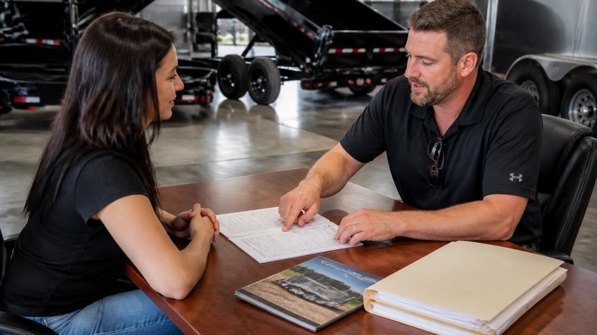 A customer sitting at a dealership desk with a salesperson, reviewing financing paperwork and a folder of documents beside a trailer brochure