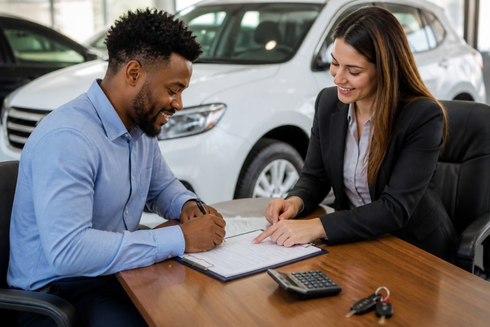 A customer at a car dealership finance desk signing paperwork with a pen, a salesperson explaining a document, a calculator and car keys on the desk, bright showroom lighting