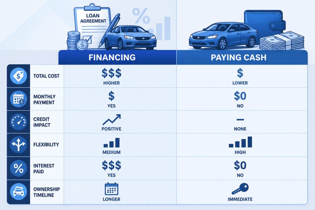 Comparison matrix showing financing vs. cash across six dimensions: total cost, monthly payment, credit impact, flexibility, interest paid, and ownership timeline