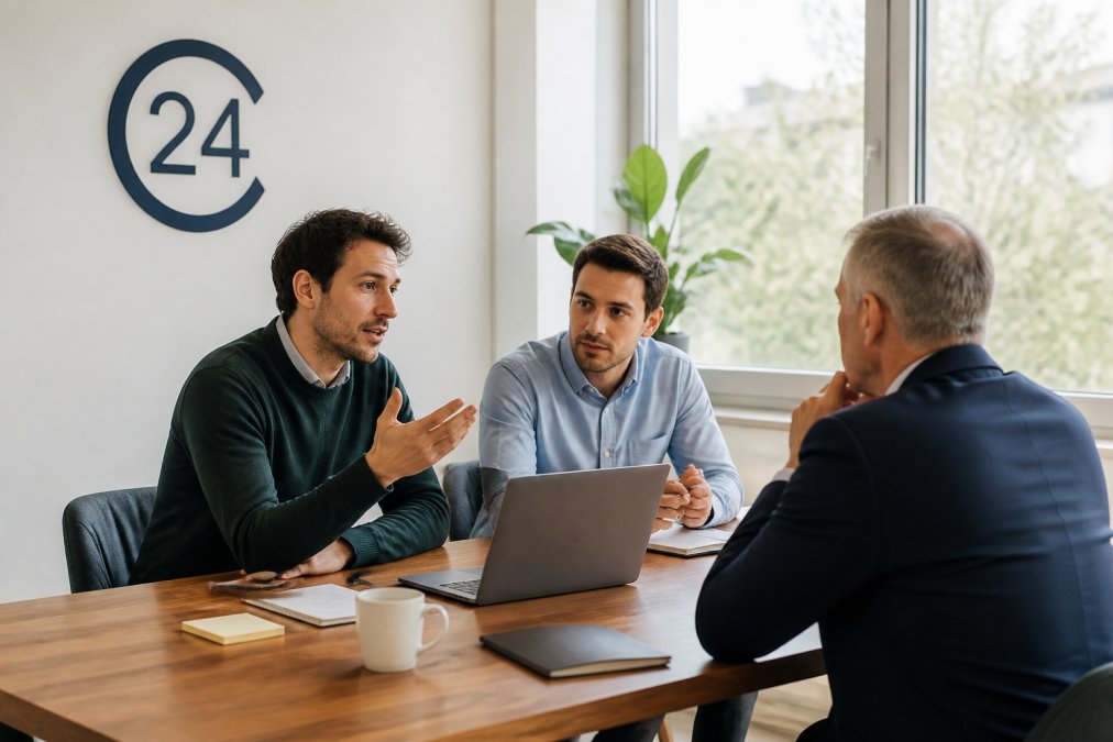 Zwei Gründer präsentieren einem Investor ihr Pitch-Deck zur Finanzierung für Startups ohne Banken am Laptop.