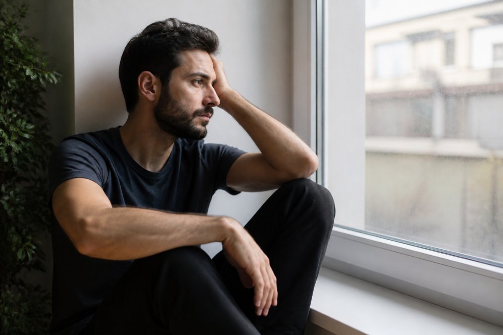 Man sitting alone by a window in natural lighting, appearing contemplative or concerned, suggesting introspection about health matters