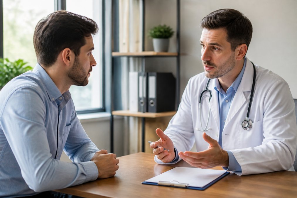 Man in a doctor's office consulting with a healthcare provider, both seated at a desk in a clinical setting with natural lighting from windows, showing active medical discussion