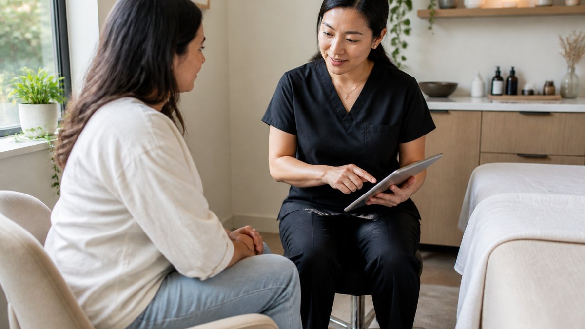 Professional acupuncturist consulting with patient in calm, modern wellness clinic, reviewing treatment plan on tablet with natural lighting, patient seated comfortably
