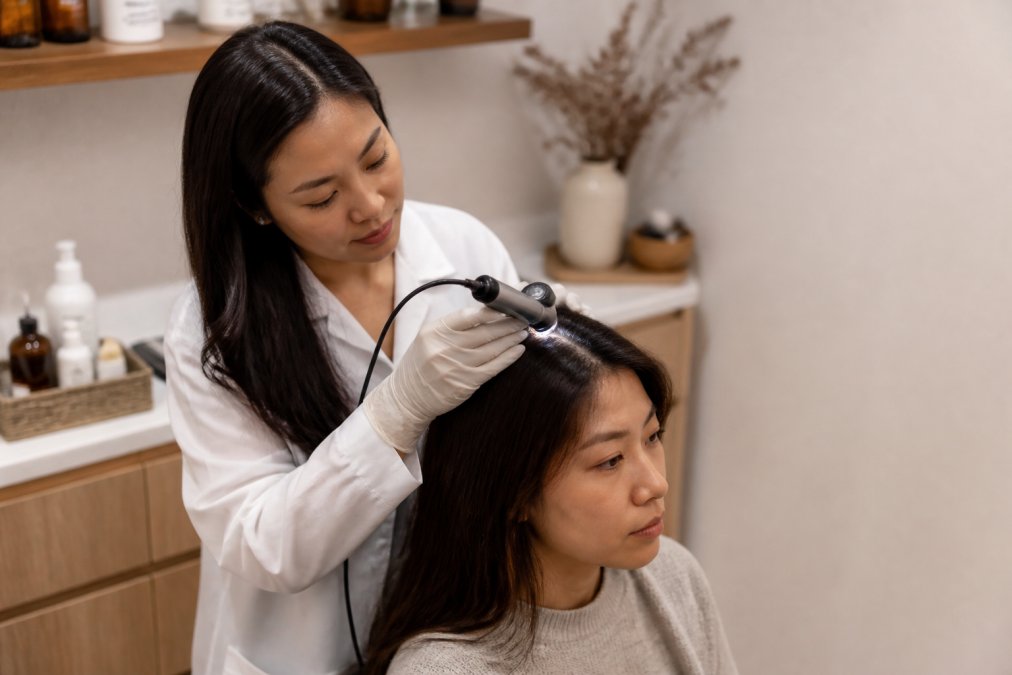 A female trichologist examining a client's scalp with a professional trichoscope in a clean, well-lit clinical spa setting, both women looking focused and calm