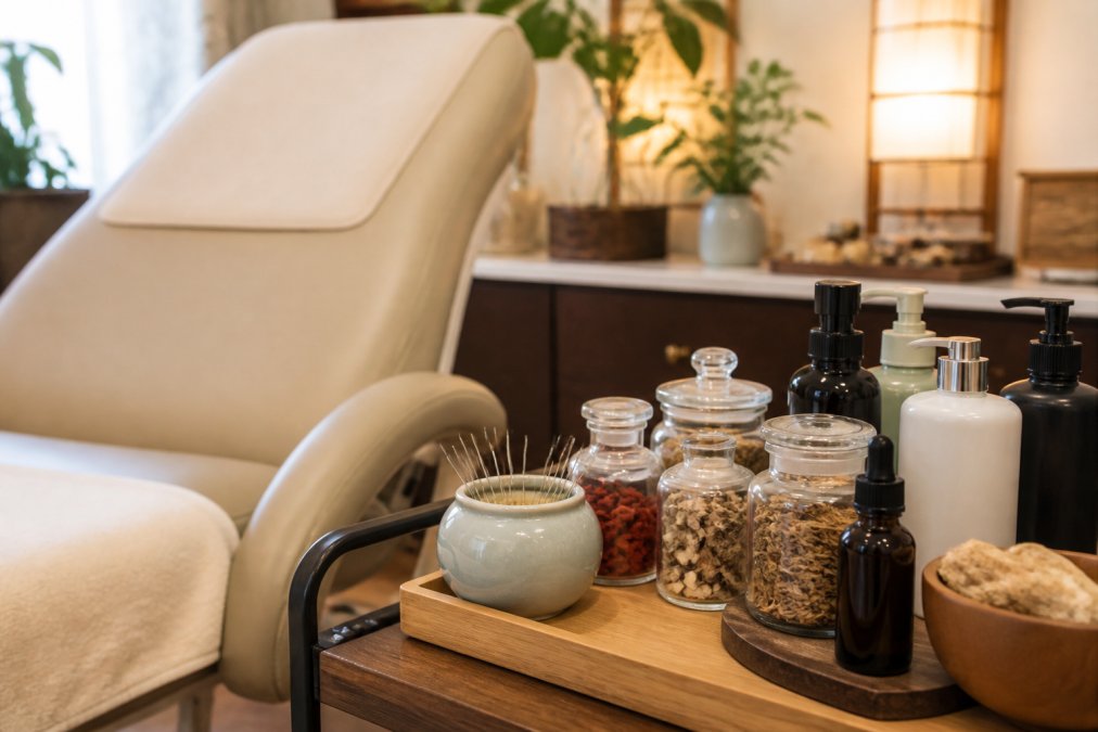 A serene holistic treatment room with acupuncture needles in a small ceramic holder, glass jars of dried herbs, and specialized hair care products arranged neatly on a wooden tray beside a padded treatment chair, warm ambient lighting