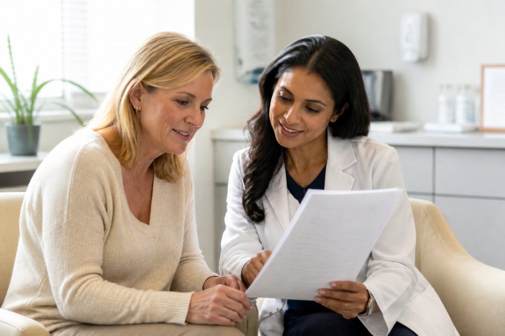 Woman in her 50s discussing lab results with her concierge gynecologist in a modern medical office.