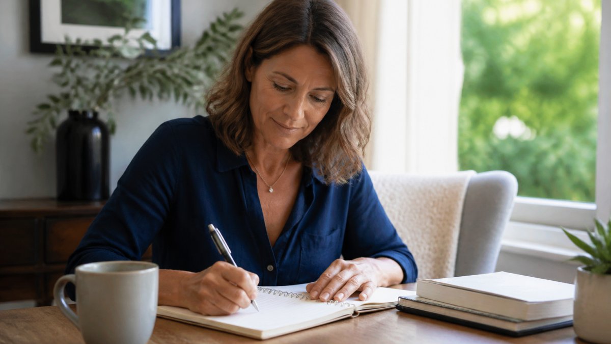 Step-by-step checklist to prepare for your find a doctor perimenopause appointment, featuring a patient organizing notes.