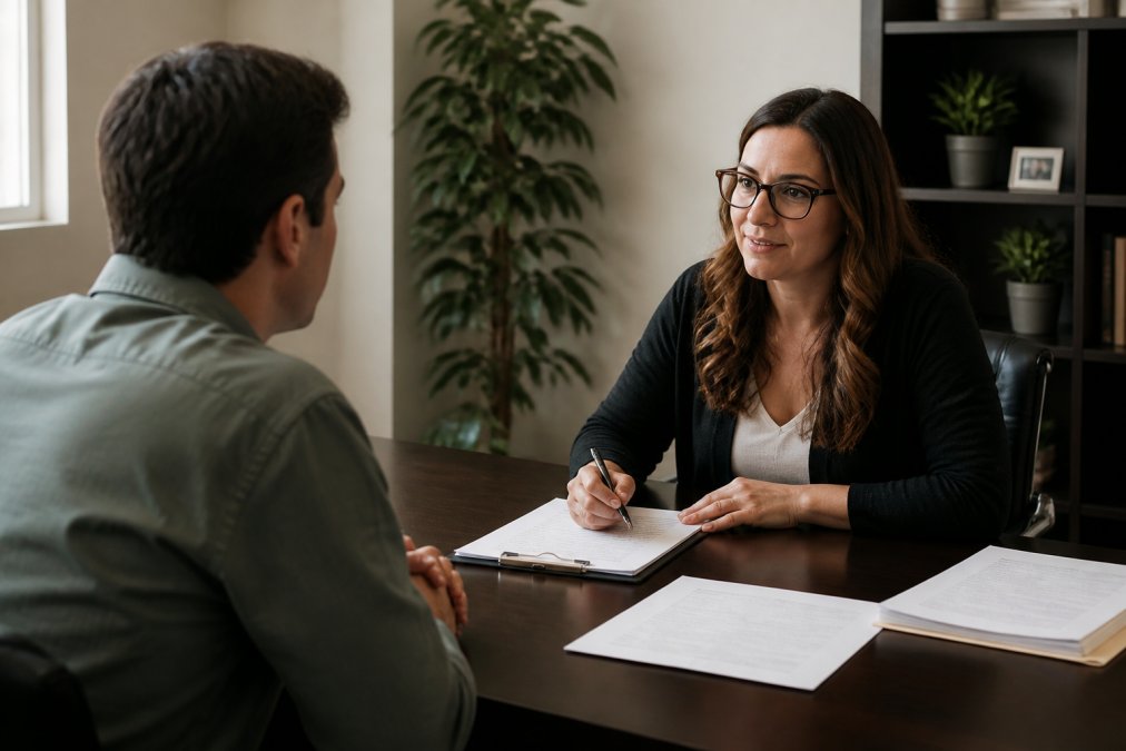 A professional counselor seated across a desk from a client in a calm, well-lit office, both engaged in a focused conversation with a completed evaluation form and DOT compliance paperwork visible on the desk