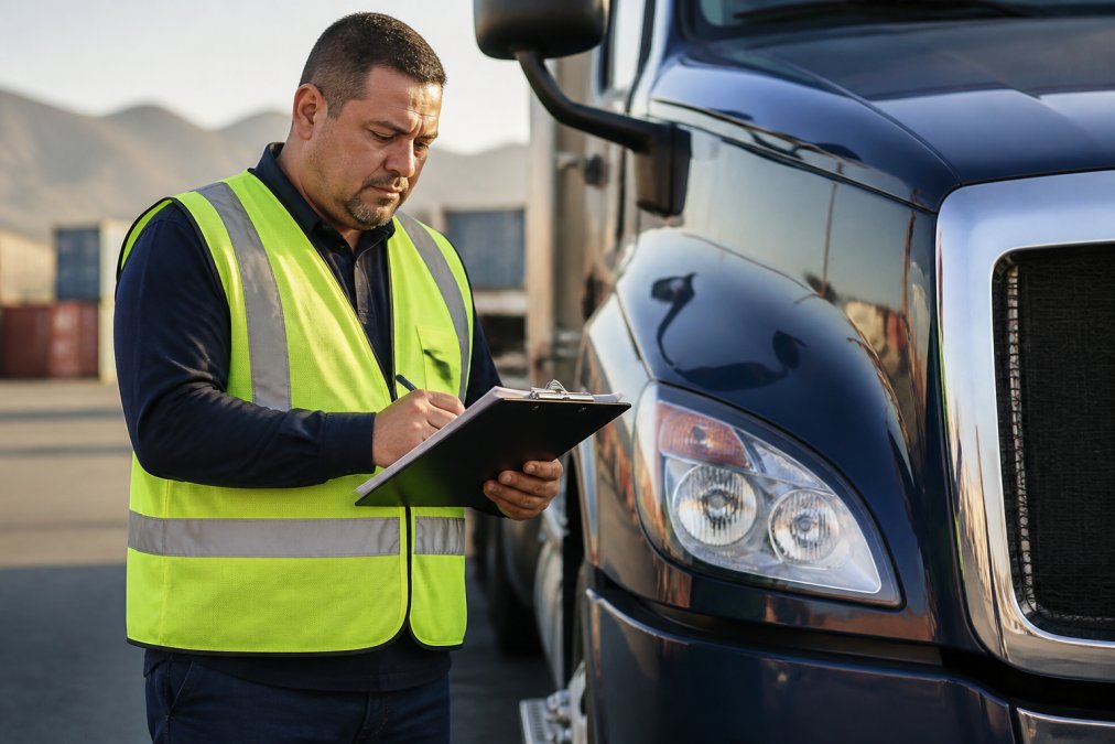 A commercial truck driver in a high-visibility safety vest reviewing compliance documents on a clipboard beside a parked semi-truck in a freight yard, morning light, focused expression