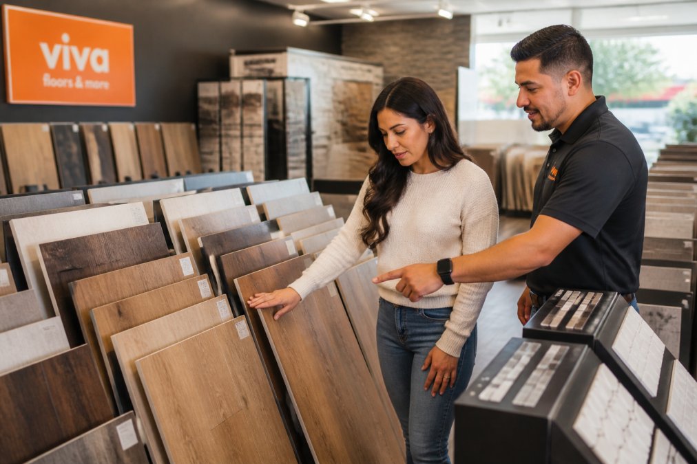 Customer feeling a hardwood plank sample while exploring a local flooring showroom with a sales associate.