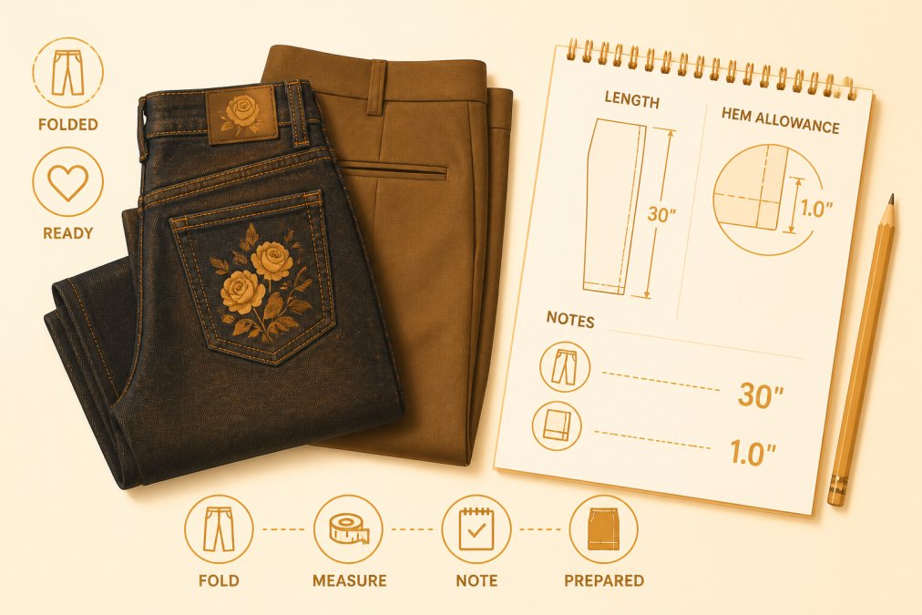 Neatly folded pair of dark jeans and tailored dress pants arranged on a white surface, with a handwritten notepad showing measurements and fitting notes next to them