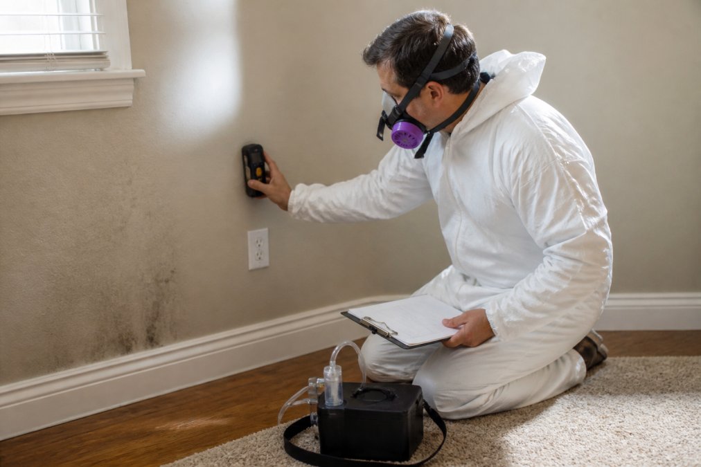 A certified mold inspector in white protective coveralls and a respirator using a handheld moisture meter against an interior wall of a home, with a clipboard and air sampling pump on the floor nearby, natural window light