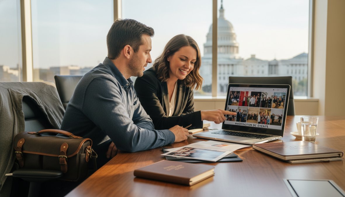 A photographer and corporate client seated side by side at a modern conference table, reviewing a gallery of high-resolution event photos on a large laptop screen, warm office lighting, both looking engaged and pointing at specific images