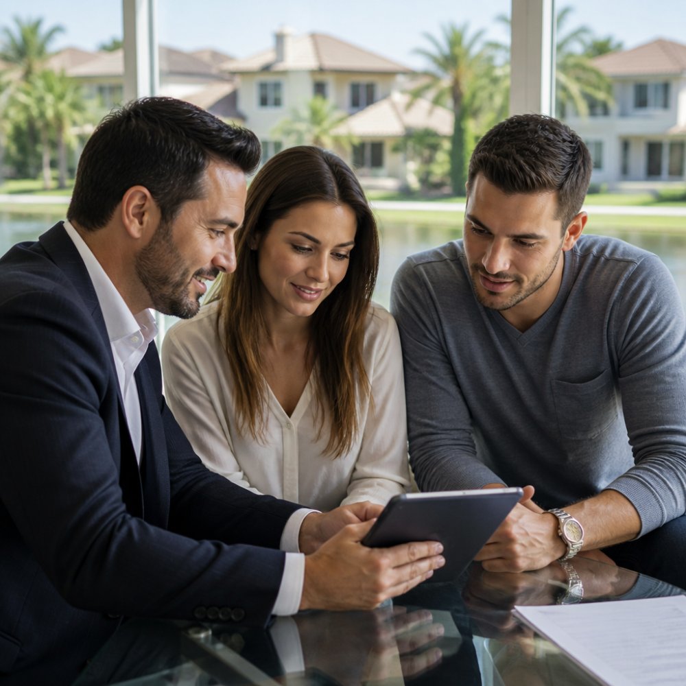 A real estate agent and a couple reviewing property listings on a tablet in a bright, modern office with large windows overlooking a suburban neighborhood