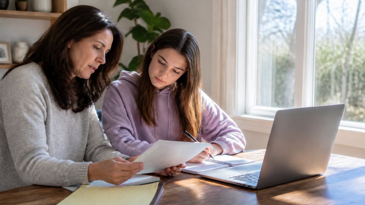 Parent and adolescent sitting together at a home desk reviewing documents and notes in a notebook, with a laptop showing a telehealth video call interface, natural afternoon sunlight through a window