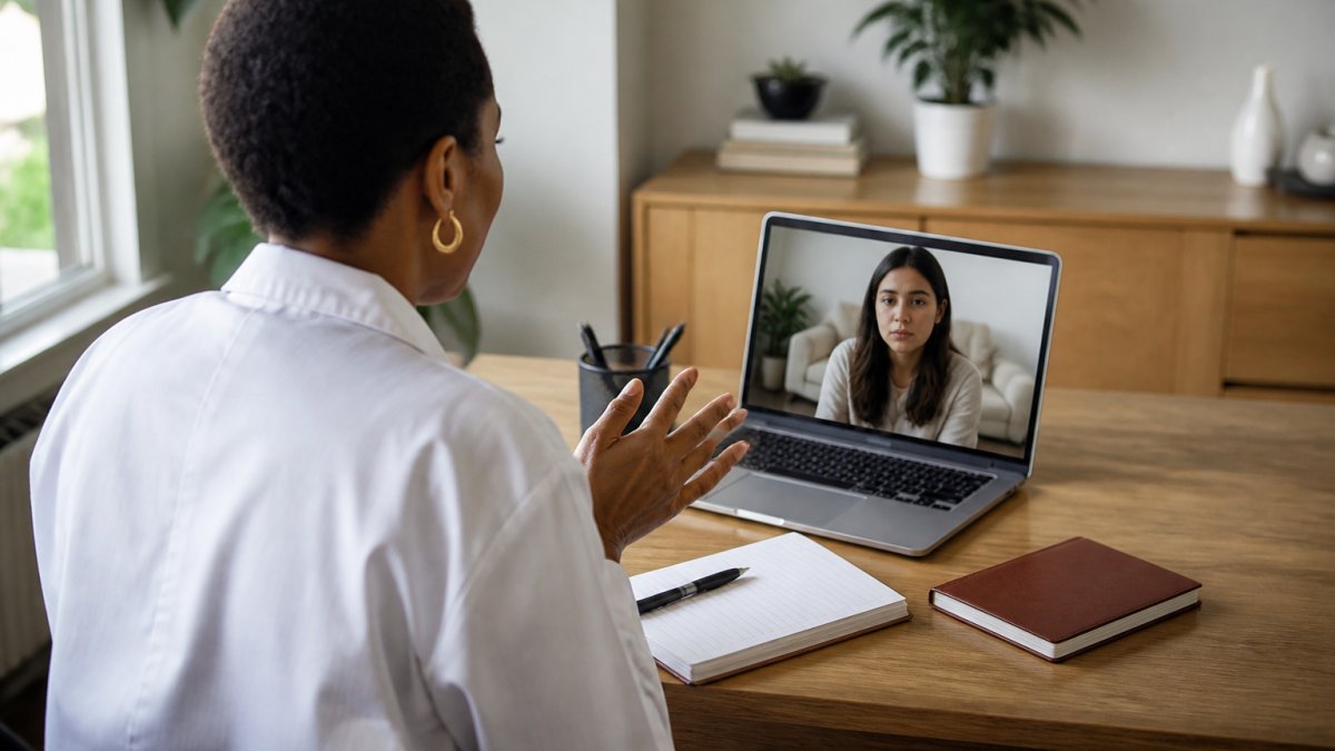 Board-certified psychiatrist conducting a compassionate telehealth session with a patient visible on a laptop screen, sitting in a calm, professional home office with soft natural lighting and minimal distractions