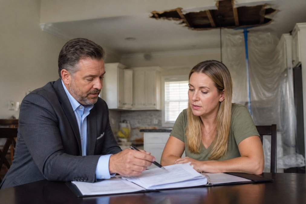 A public adjuster in professional attire reviewing insurance claim paperwork with a homeowner at a kitchen table, damaged ceiling visible in the background