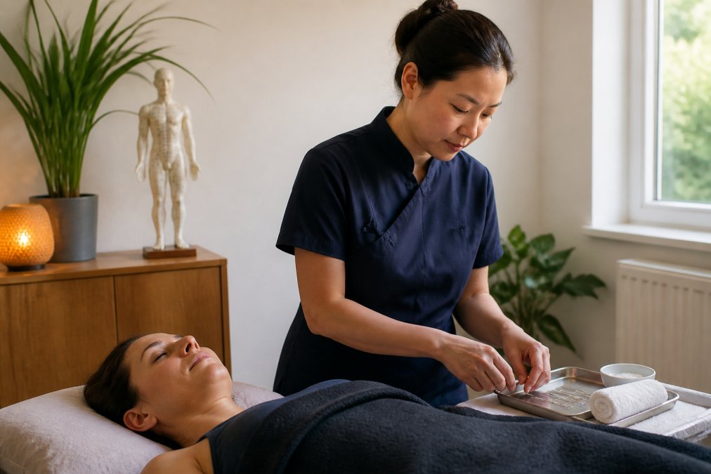 A registered acupuncturist prepares needles in a calm, sunlit clinic treatment room with plants.