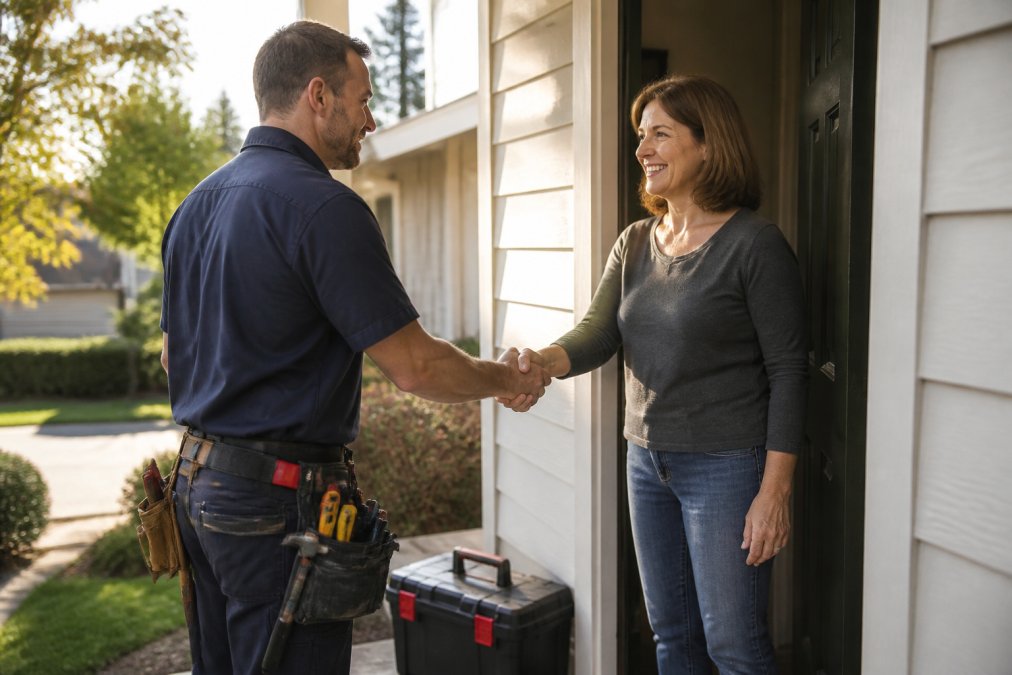 A licensed handyman in a branded work shirt shaking hands with a smiling homeowner at the front door of a suburban house, toolbox visible on the porch, warm afternoon sunlight