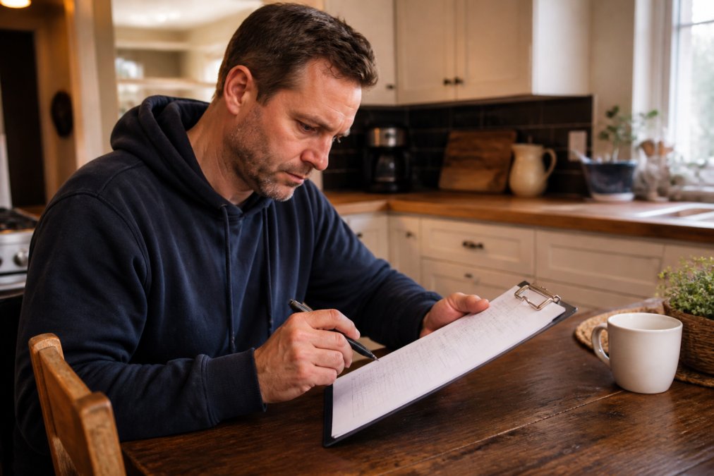 A homeowner sitting at a kitchen table reviewing a written estimate on a clipboard, pen in hand, reading carefully under warm indoor lighting