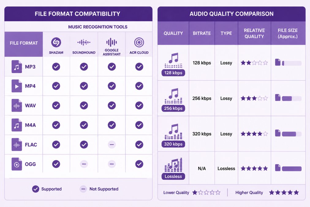 Comparison matrix showing supported file formats (MP3, MP4, WAV, M4A, FLAC, OGG) with compatibility indicators for major music recognition tools and audio quality ratings (128 kbps, 256 kbps, 320 kbps, lossless)