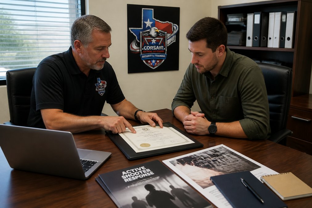 A security instructor reviewing training credentials with a client in a well-lit office, pointing at a certificate on a desk, with a laptop showing a verification webpage nearby
