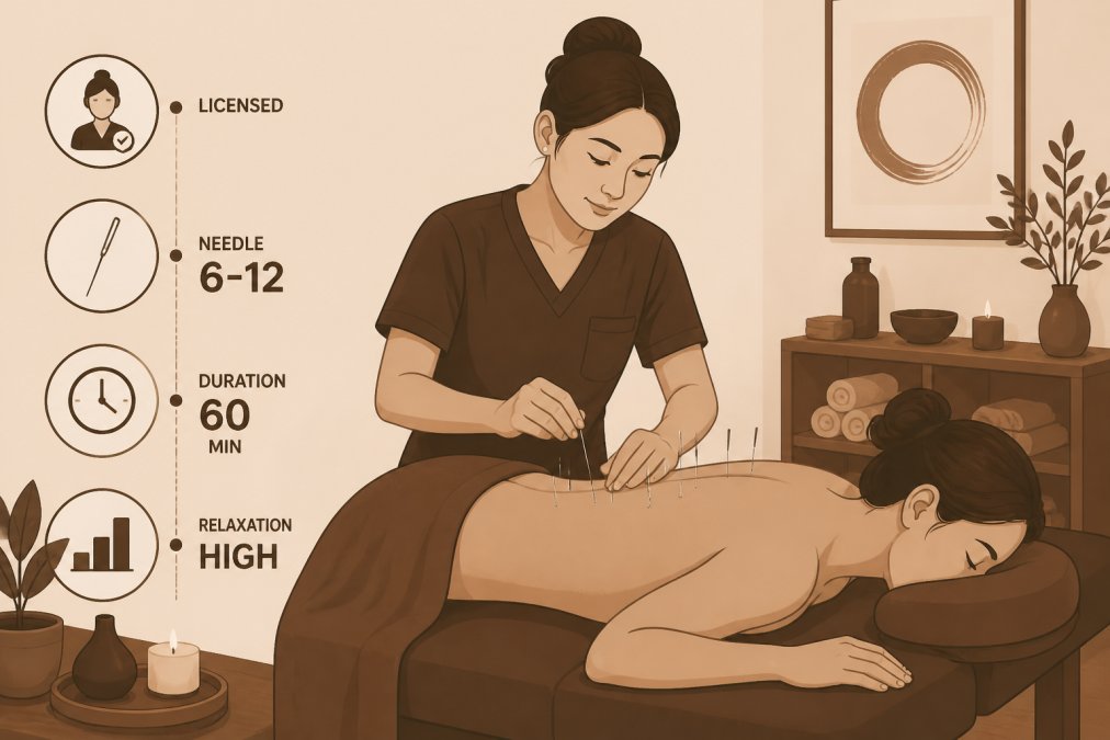 Licensed acupuncturist performing needle insertion on patient's back in calm healing environment with soft warm lighting and comfortable treatment table