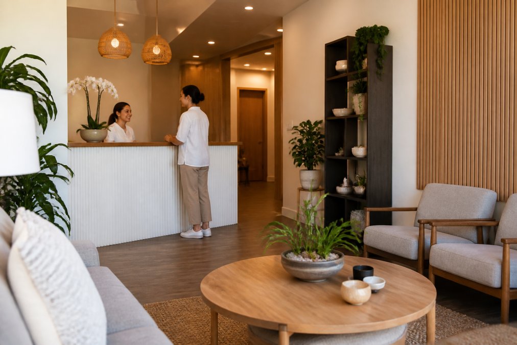 Welcoming wellness center reception area with comfortable seating, plants, and warm lighting where patients check in for appointments