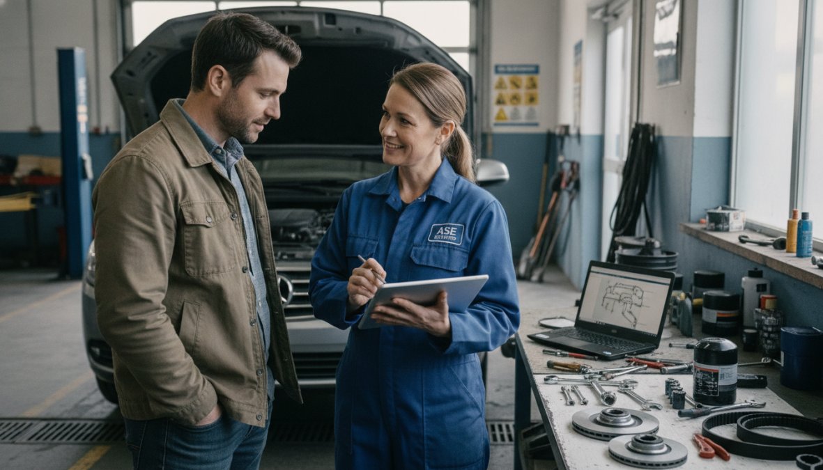 A customer speaking with a friendly ASE-certified mechanic in a clean, well-lit garage workshop, discussing a car repair estimate and reviewing service documents