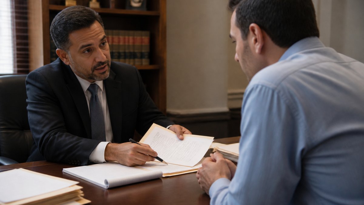 Professional attorney meeting with client in modern law office, reviewing case documents on desk with notepad and pen, discussing defense strategy with serious focus