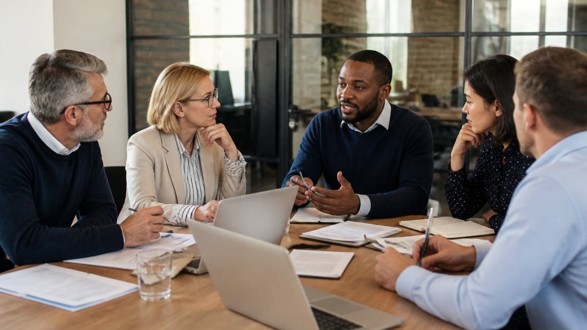 Professional team leaders and managers in a modern office meeting room, discussing and reviewing training materials together around a table with laptops and notepads, natural office lighting