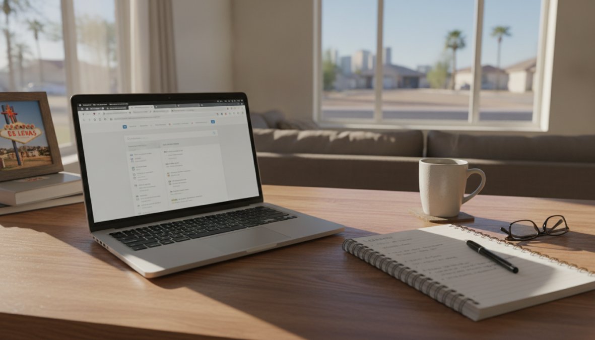 A renter sitting at a desk with a laptop, reviewing insurance quotes and documents, with a notepad and coffee nearby