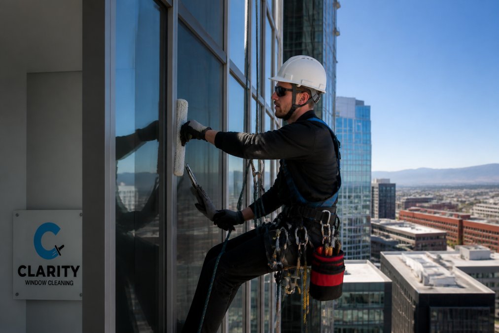 Professional window cleaner in safety harness and protective gear working on high-rise building exterior with proper equipment and documentation visible